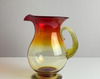 Vintage Blenko Amberina Tangerine Glass Pitcher – Mid-Century Modern Hand-Blown Glass – 1960s