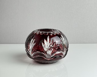 Vintage Ruby Cut-to-Clear Lead Crystal Rose Bowl – Palm Leaf Glass Votive Holder – Hungary – 1980s