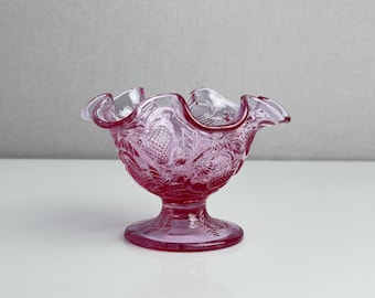 Vintage Fenton Inverted Strawberry Ruffled Sherbet Dish – Dusty Rose Pink Pressed Glass Compote – 1980s
