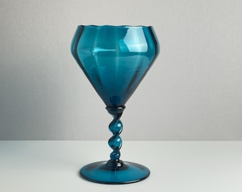 Vintage Empoli Blue Glass Compote – Sapphire Vase on Twisted Stem – Mid-Century Modern – 1960s