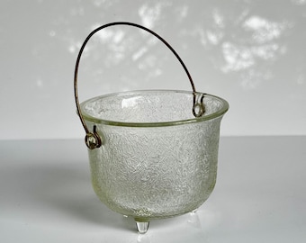 Vintage Indiana Glass Kettle with Handle, Textured Glass Pot, 1960s–1970s
