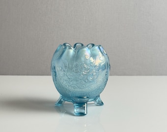 Antique Northwood Ice Blue Carnival Glass Footed Rose Bowl - Fine Cut & Roses - Early 1900s