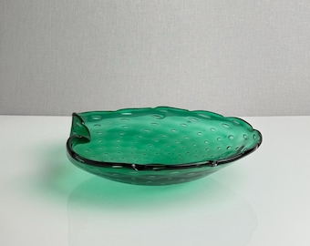 Vintage Murano Emerald Green Bullicante Bowl – Italian Controlled Bubble Art Glass Dish – Mid-Century – 1950s