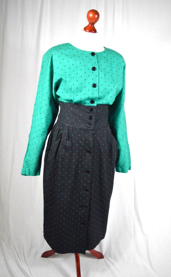 80s does 50s Polka dot green and black high waist… - image 10