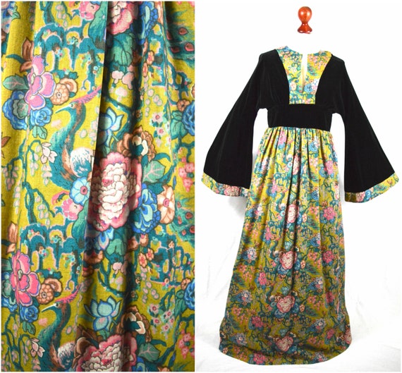 70s Empire line black velvet and mustard yellow or