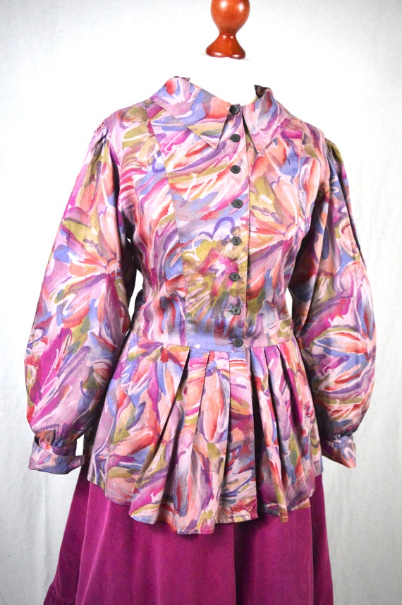 70s/80s Painterly boho pink + purple abstract pep… - image 4