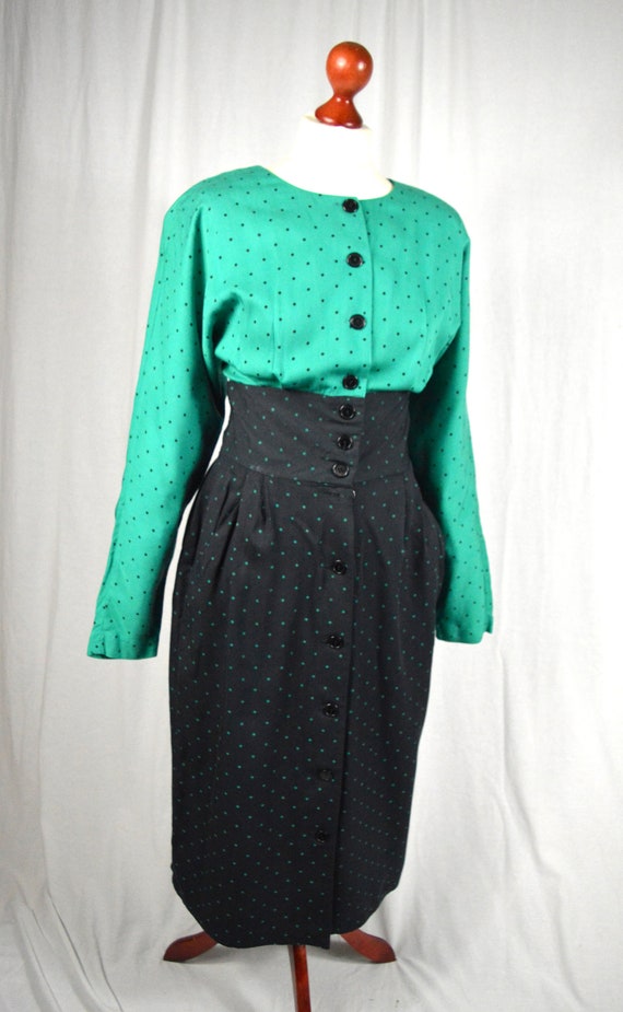 80s does 50s Polka dot green and black high waist… - image 8