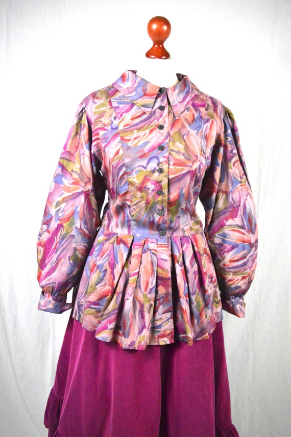 70s/80s Painterly boho pink + purple abstract pep… - image 2