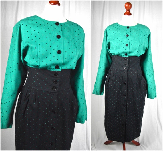 80s does 50s Polka dot green and black high waist… - image 1