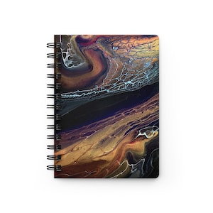 May include: A spiral-bound notebook featuring a cover with an abstract fluid acrylic pour design. The artwork displays swirling patterns of metallic gold, deep black, dark purple, and copper tones with intricate white web-like cell structures.