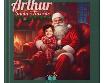 May include: A book cover featuring the title "Arthur Santa's Favorite" in white script. The image depicts a child in red pyjamas seated with Santa Claus, who is wearing a red suit and hat. The background includes a fireplace and festive decorations.