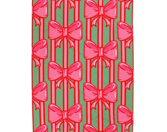 Pink Bow Pattern Velveteen Plush Blanket | Striped Bow Design, Holiday Colors