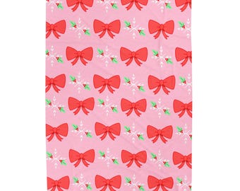 Red Bow Pattern Velveteen Plush Blanket | Pink Ribbon Holiday Throw