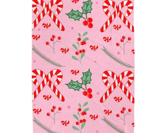 Candy Cane Holly Pattern Velveteen Plush Blanket | Christmas Pink Holiday Print