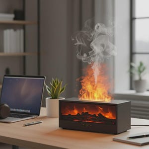 Peut inclure: Un humidificateur noir rectangulaire en forme de cheminée, avec un effet de flamme et de fumée réaliste. L'appareil est posé sur un bureau en bois, à côté d'un ordinateur portable, d'un casque et d'un stylo. Une petite plante en pot est également présente.