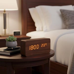 Peut inclure: Une horloge numérique en bois affichant l'heure 18h00 et la température 23°C. L'horloge est posée sur une table de chevet marron foncé, à côté d'une plante succulente et d'un stylo sur un carnet. Un lit avec une literie blanche est en arrière-plan.
