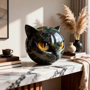 Könnte beinhalten: Eine kugelförmige Skulptur in Form eines Katzenkopfes mit polierter, dunkelgrün und schwarz marmorierter Oberfläche. Die Katze hat große, mandelförmige Augen mit leuchtend gelben Iris und schwarzen vertikalen Pupillen, die eine glänzende Oberfläche bilden.