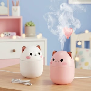 May include: Two cat-shaped essential oil diffusers, one white and one pink, sit on a wooden surface. Each has black eyes, a small nose, and pink cheeks. The white diffuser has gold-colored ears. A USB cable lies in front of the white diffuser.