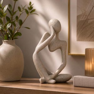 Può includere: Una scultura astratta beige di una persona seduta, con una mano sul viso. La scultura ha una consistenza maculata ed è posta su una superficie di legno. Un vaso con vegetazione è a sinistra.