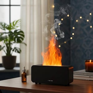 Peut inclure: Un diffuseur d'aromathérapie rectangulaire noir avec un effet de flamme, dégageant de la fumée. Une petite bouteille marron avec un compte-gouttes est posée à gauche. Le diffuseur est sur une table en bois, avec une bougie allumée et une plante en arrière-plan.