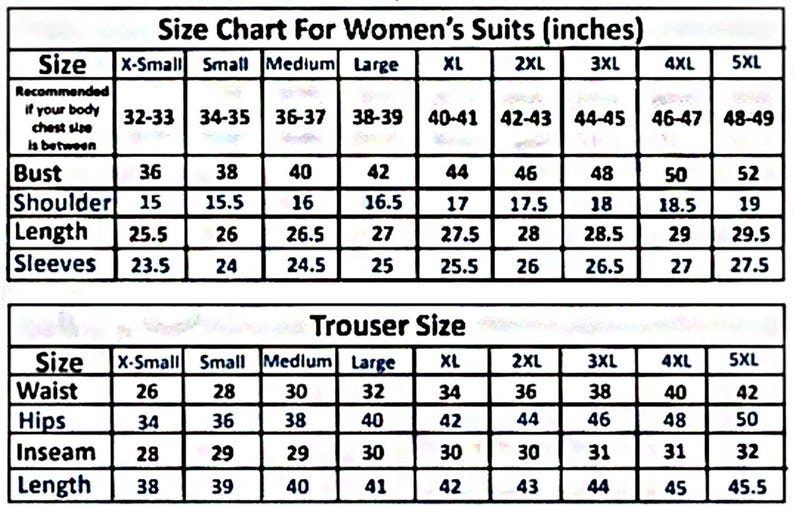Puede incluir: Tabla de tallas para trajes de mujer, en pulgadas. Muestra medidas de busto, hombros, largo y mangas para tallas de XS a 5XL. Tambi&eacute;n incluye tallas de pantal&oacute;n, como cintura, cadera, entrepierna y largo.