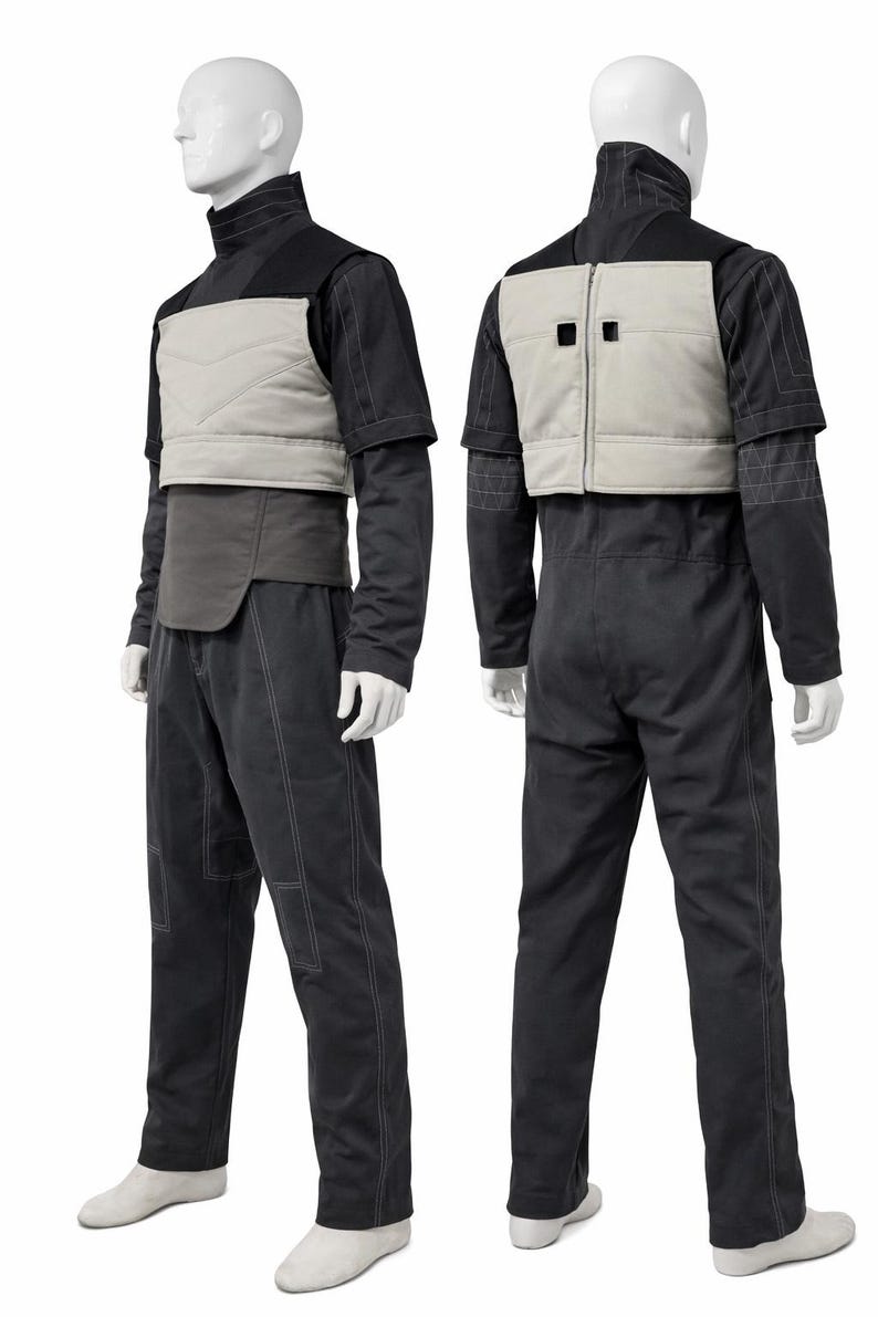 Op de afbeelding: Een tweedelig kostuum op een mannequin. De outfit bevat een zwart shirt met lange mouwen en een hoge kraag, een lichtgrijs vest en een zwarte broek. Het vest heeft een rits en twee vierkante details. Witte stiksels accentueren de broek.