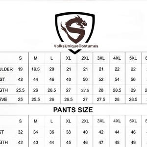 May include: A size chart for suits and pants, with measurements in inches. The chart includes shoulder, chest, length, and sleeve measurements for suit sizes S to 6XL. Pants sizes include waist and length.