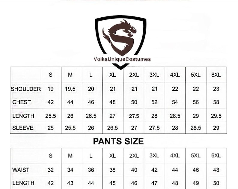 May include: A size chart for suits and pants, with measurements in inches. The chart includes shoulder, chest, length, and sleeve measurements for suit sizes S to 6XL. Pants sizes include waist and length.