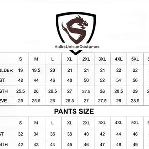 Puede incluir: Tabla de tallas para VolksUniqueCostumes, con medidas de hombros, pecho, largo y largo de manga, adem&aacute;s de cintura y largo de pantal&oacute;n. Tallas de la S a la 6XL, medidas en cm.