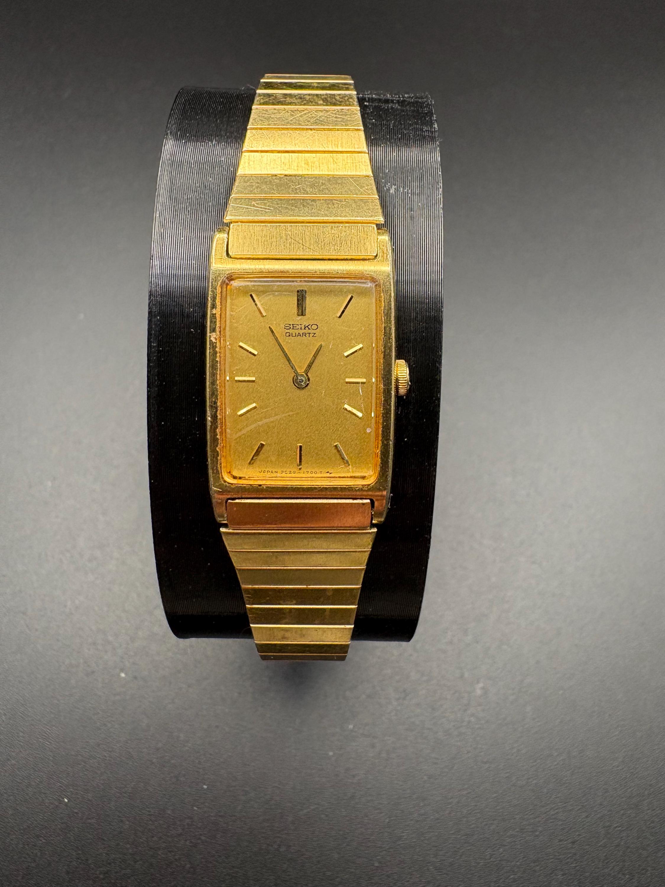 Vintage Seiko 2C20 Gold Tone Rectangular Tank Watch Quartz 1980s