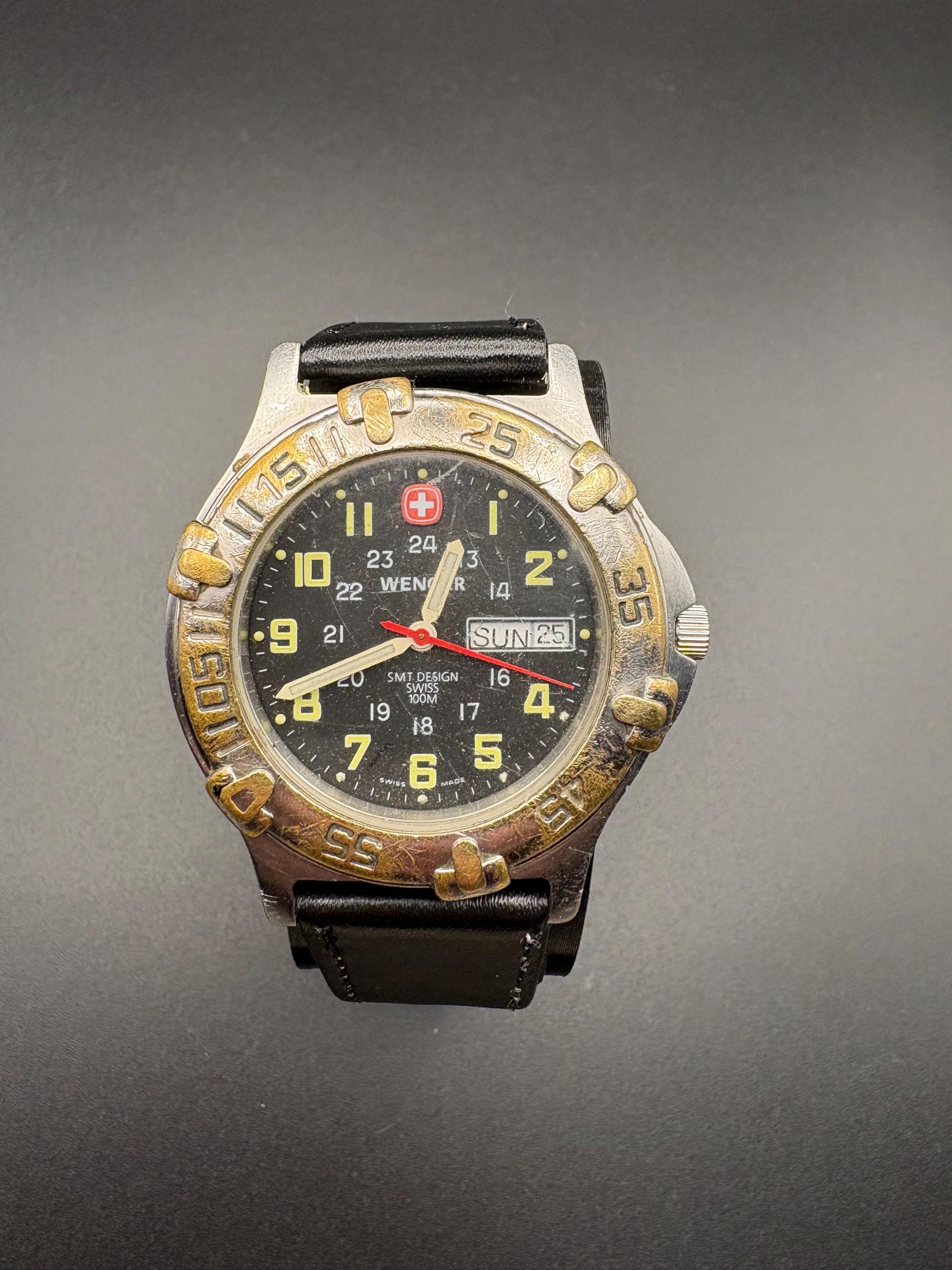 Vintage Wenger Swiss Military Field Watch, Black Dial, Day  display picture 1