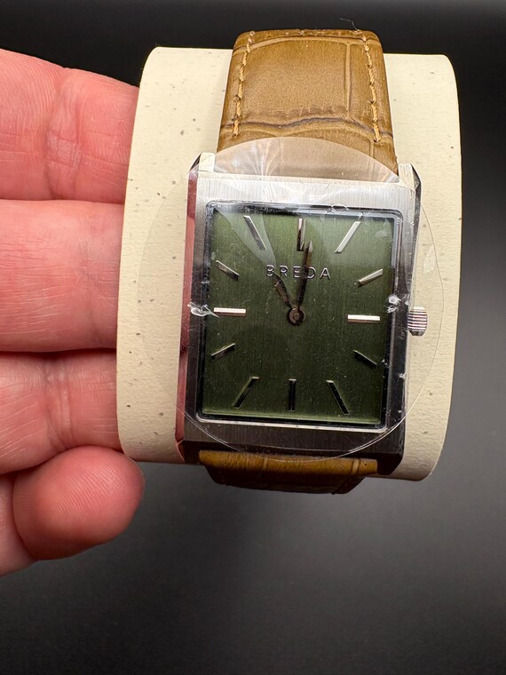 Breda Virgil Tank Watch: Unisex Silver, Green Dial, Croc 