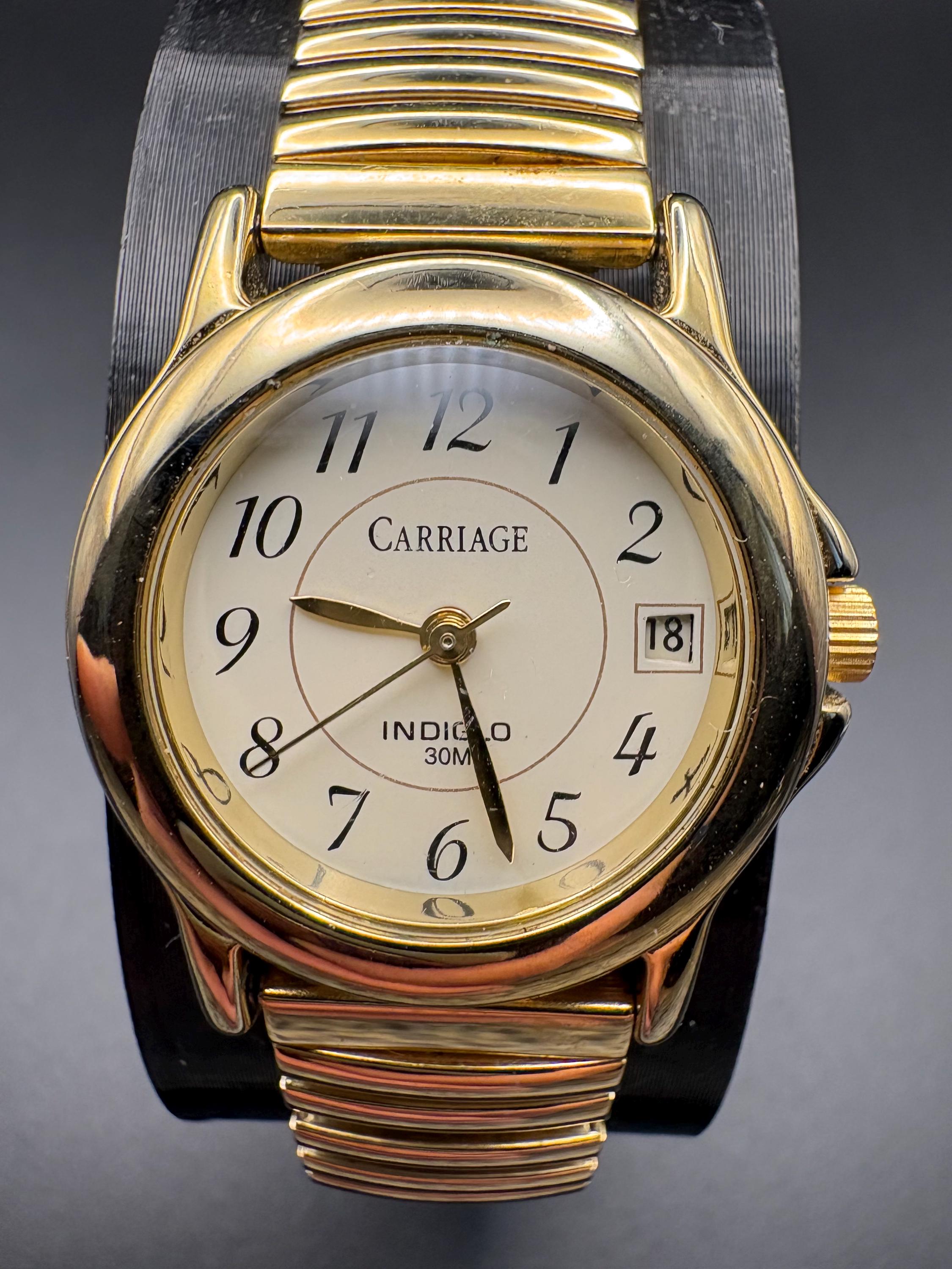 Carriage Ladies Watch Indiglo White Dial Gold Tone Stretch Bracelet Date Window Vintage 1990s Carriage by Timex Two Tone Oval Ladies Watch W  main image 3