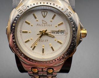 Vintage Freestyle USA Two-Tone Gold Silver Diver Watch Stainless Steel Day Date Quartz 1990s