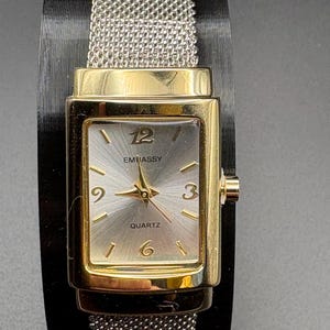 Embassy Gold and Silver Square Dial Cuff Watch with Crystal Embellishments Embassy White Dial Crystal Accent Square Silver Tone Case  main image 3