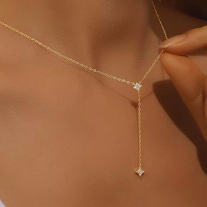 Celestial Starburst Y-halsband | Elegant hängande lariathalsband | Halsband i 925 sterlingsilver med guld | Alla hjärtans dag- och mors dag-present till henne
