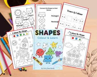 May include: A collection of children's activity books with the title "SHAPES Colour & Learn". The books feature coloring pages with shapes, tracing activities, and shape identification exercises. The cover has cartoon shapes.