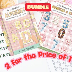 Op de afbeelding: Twee scrapbookingboeken worden getoond, een getiteld "ALPHABET" met patronen letters, en de andere "NUMBERS & SHAPES". De boeken hebben een roze ruitjesachtergrond. De tekst "BUNDLE" en "2 for the Price of 1" zijn ook zichtbaar.