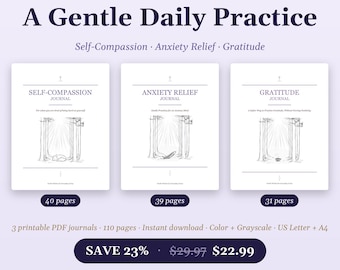 Ensemble de journal de pratique quotidienne douce, cahier d'exercices d'auto-soins imprimable au format PDF, 3 en 1 | Soulagement de l'anxiété, autocompassion, gratitude