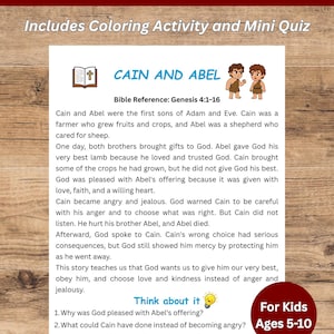 May include: A printable activity sheet titled KIDS BIBLE ACTIVITY featuring the story of Cain and Abel, Genesis 4:1-16. The page includes a cartoon illustration of two figures, a summary of the biblical narrative, and a Think about it mini quiz for kids ages 5-10.