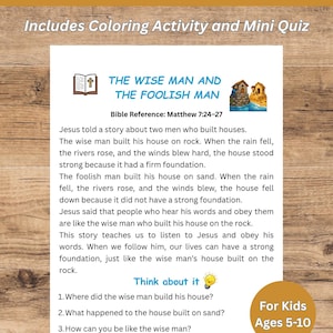 May include: A printable kids Bible activity sheet titled The Wise Man and The Foolish Man, featuring the story from Matthew 7:24-27, a colouring activity, and a mini quiz with three questions for children aged 5-10, including illustrations of a Bible and houses.