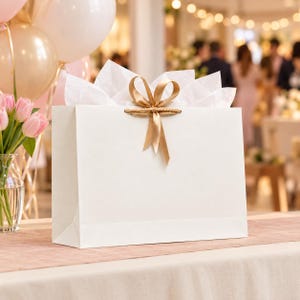 Könnte beinhalten: Eine rechteckige weiße Geschenktüte mit einer goldenen Schleife in der oberen Mitte. Die Tüte ist mit weißem Seidenpapier gefüllt, was für ein sauberes und strukturiertes Erscheinungsbild bei der Geschenkpräsentation sorgt.