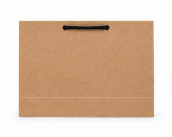 May include: A rectangular landscape-oriented paper gift bag in a natural light brown kraft color. The bag features a reinforced bottom edge and a single black cord handle centered at the top, threaded through two black metal eyelets on the front.