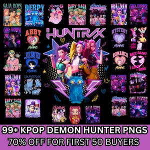 May include: A vibrant graphic featuring multiple K-Pop-themed designs, including stylized illustrations of people and cartoon characters. The central image showcases three figures with a blue cat. Text includes "99+ KPOP DEMON HUNTER PNGS".