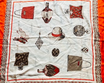 Vintage French Silk Novelty Scarf, Perfume Handbag Print