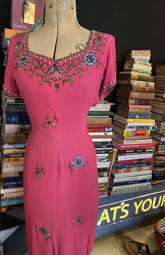 1930s/40s unusual Pink Beaded Cocktail Dress S