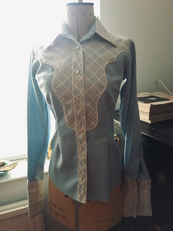 Vintage 1970s Shirt 70s Blue H Bar C RanchWear Wom