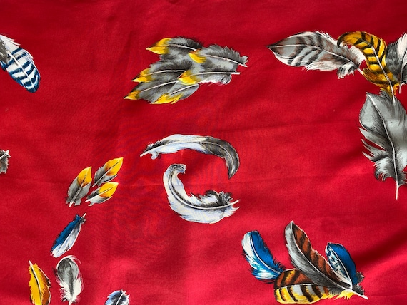 1950s Red Feather Novelty Design Silk Scarf