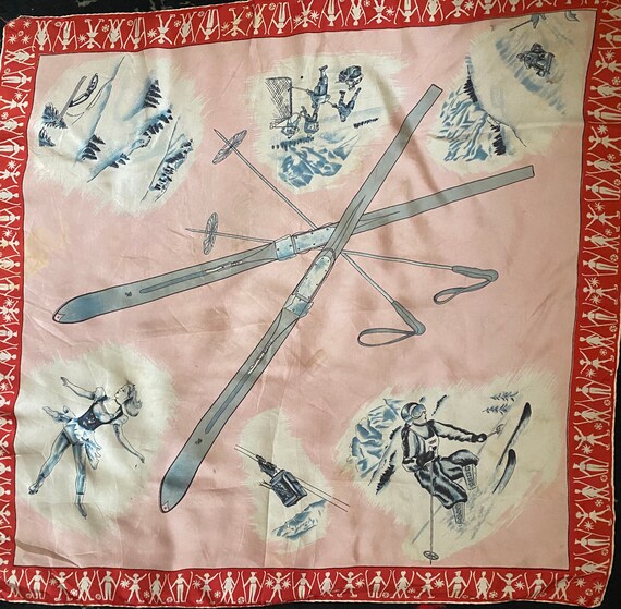 1950s Novelty Silk Fashion Scarf depicting Skis an