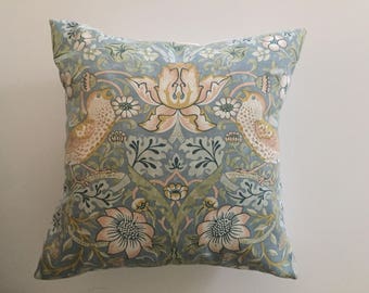 Handmade 16 x 16 Cushion Cover with William Morris Strawberry Thief Fabric in Light Blue